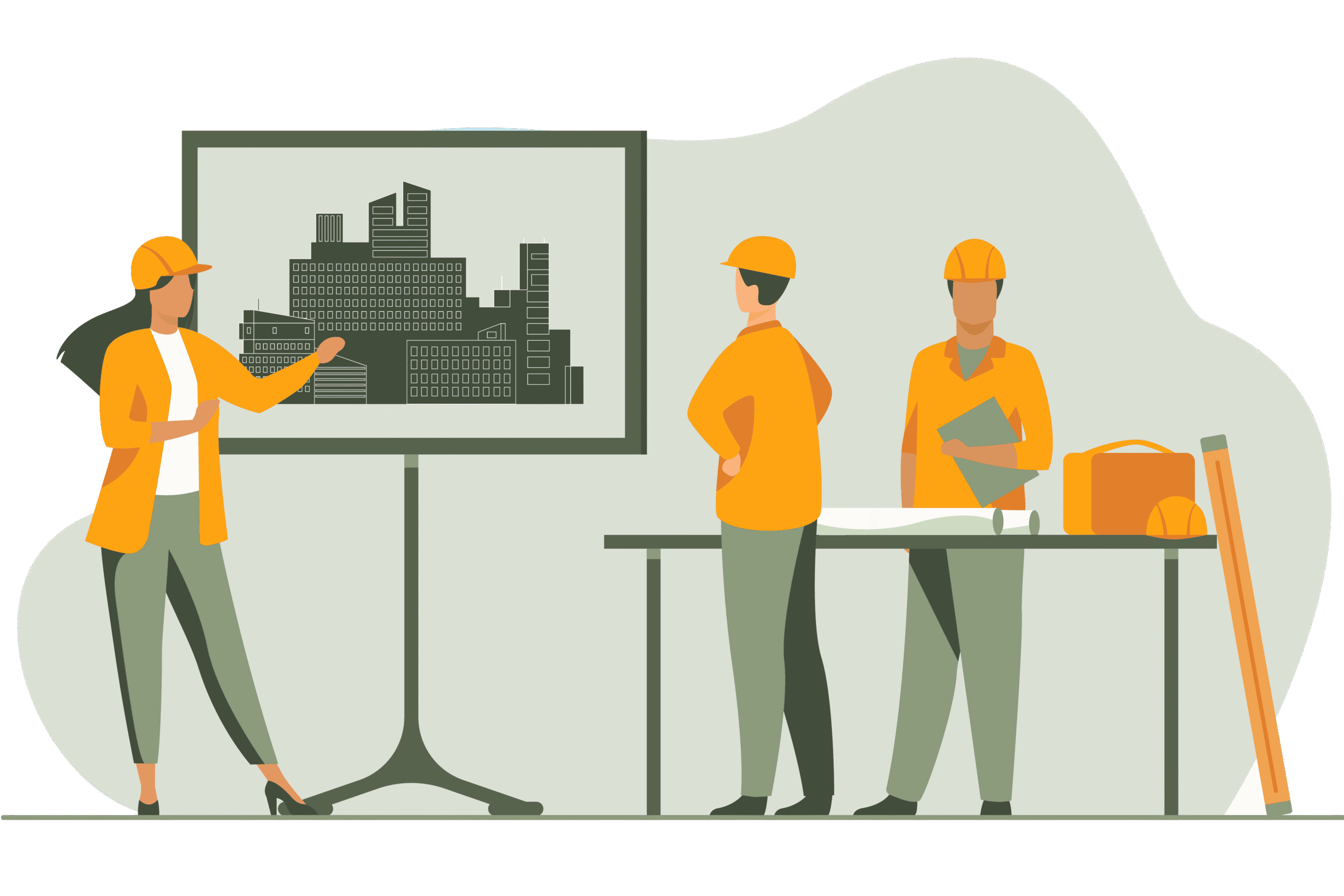Illustration d'une équipe travaillant sur des plans BIM avec casques de chantier