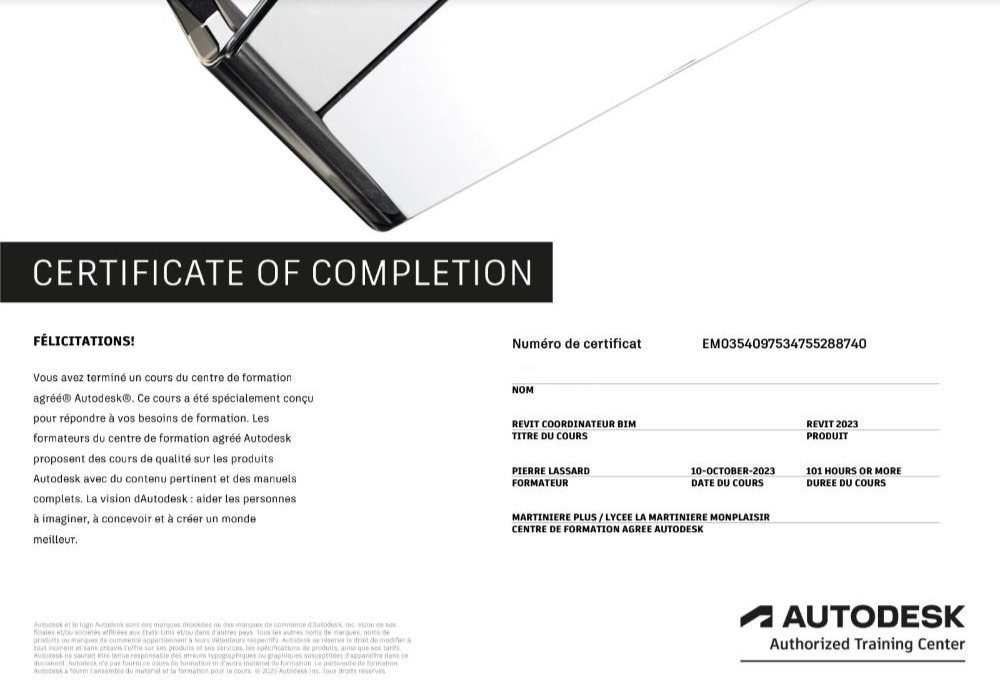Image d'un certificat de complétion d'un cours autodesk revit coordinateur bim